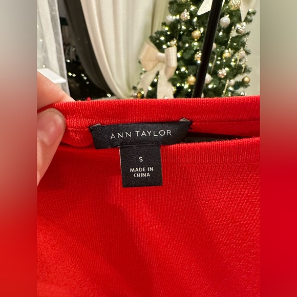 Ann Taylor Radiant Red: Pleated Skirt Dress with Three-Quarter Sleeves - Picture 5 of 5